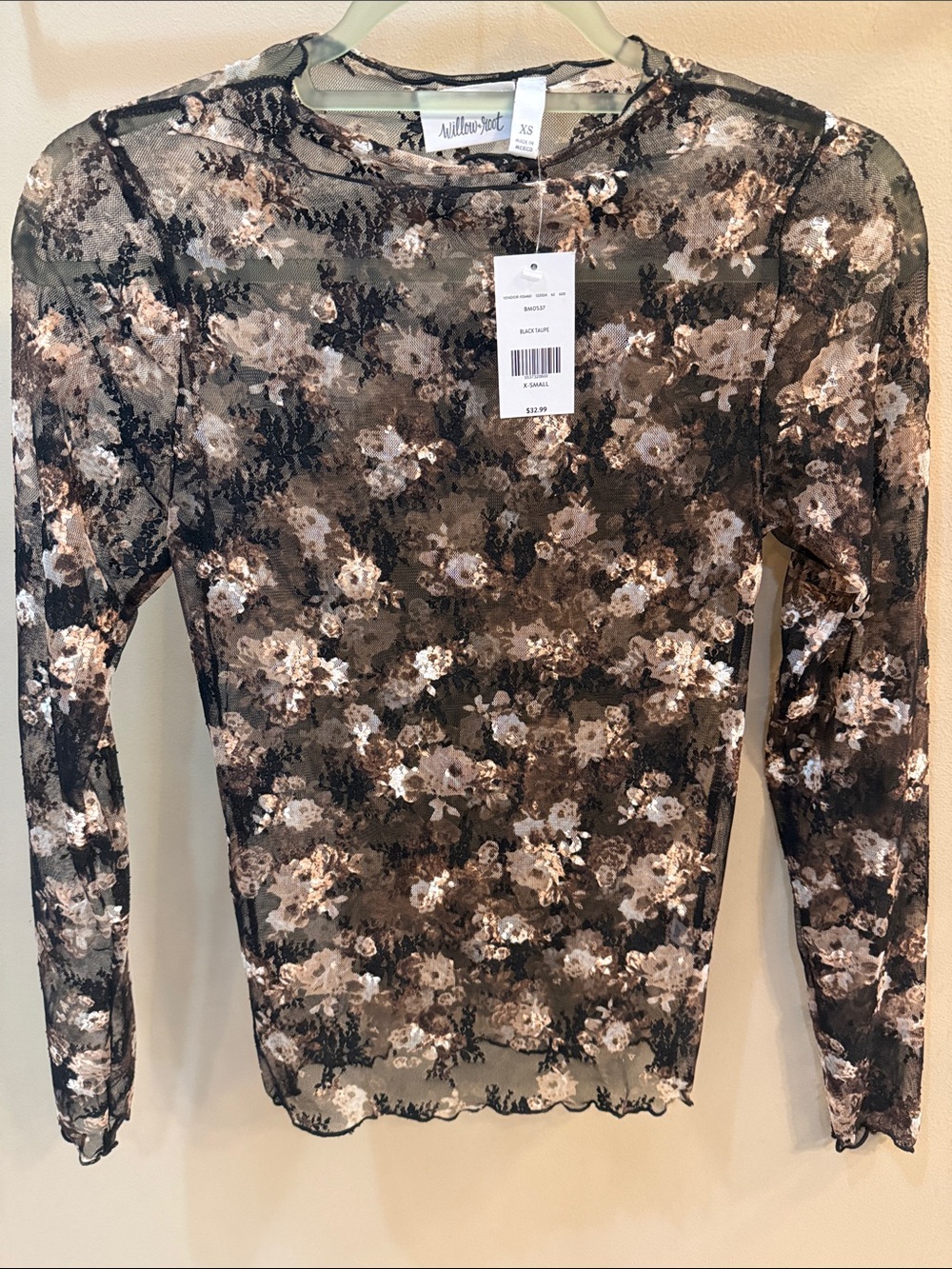 Allison Joy Sheer Floral Long-Sleeve Top in Black and Brown